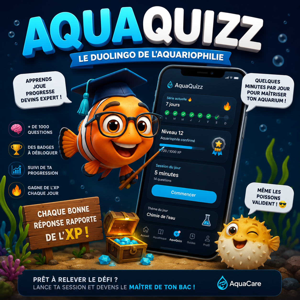 AquaQuizz — le Duolingo de l'aquariophilie : apprends, joue, progresse et deviens expert